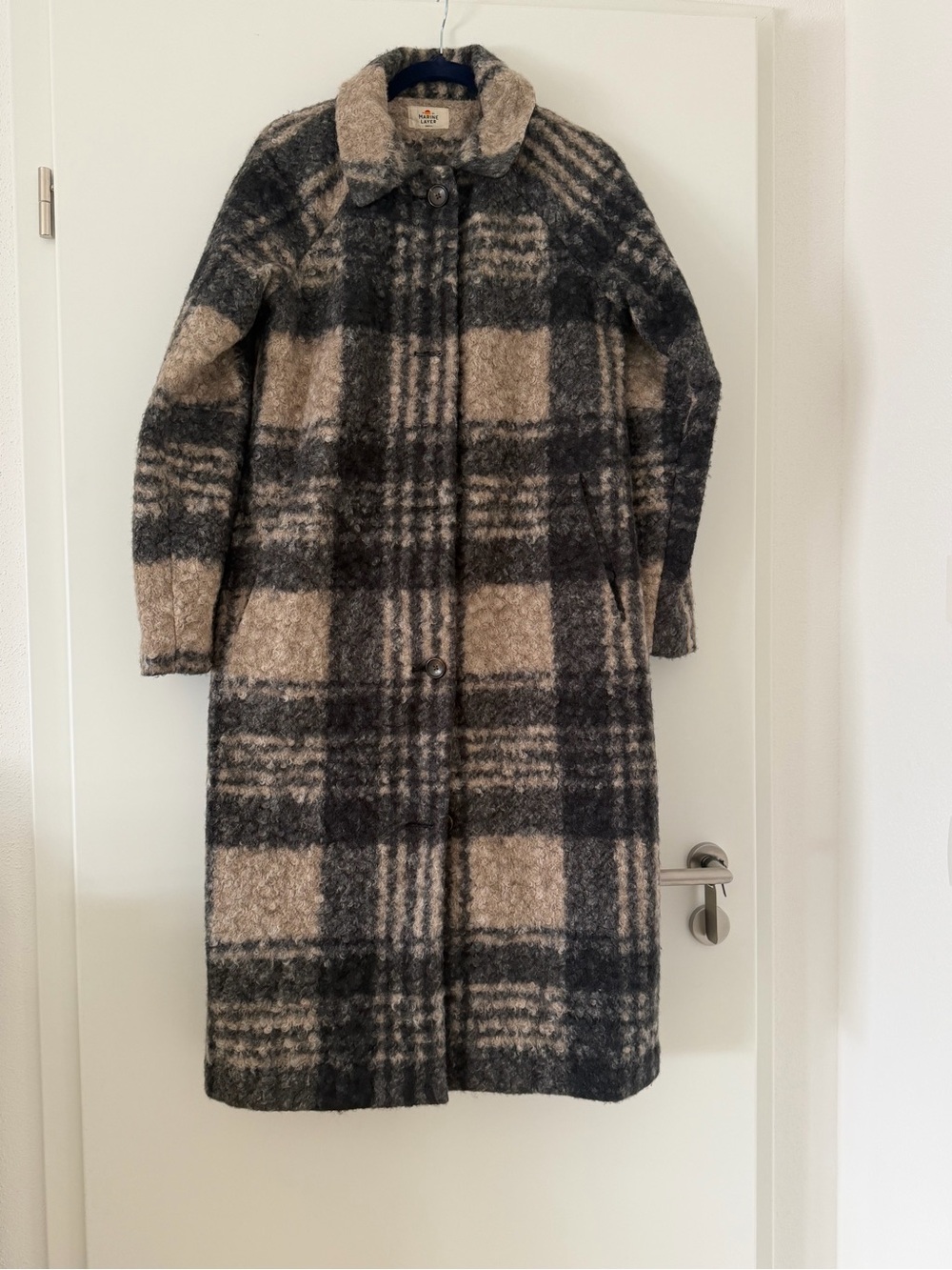 Marine Layer Plaid Long Pea Coat - Beige & Gray